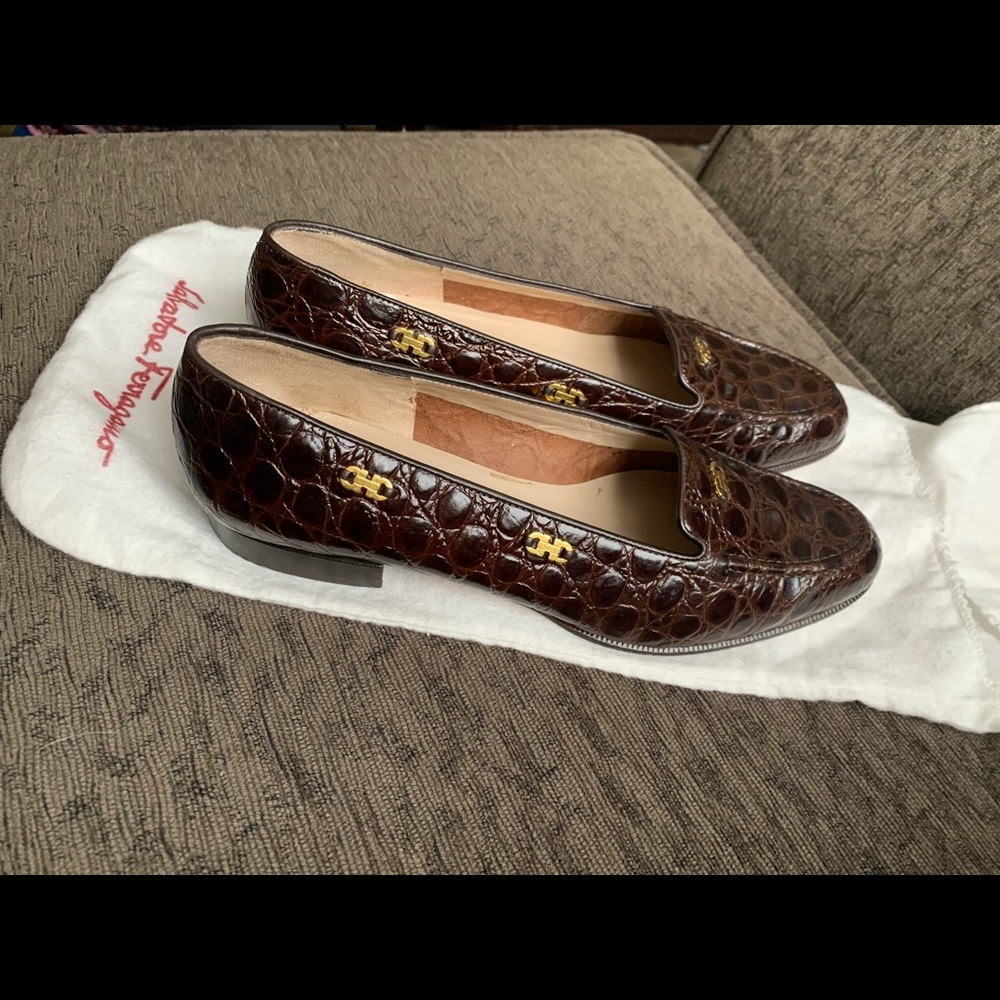 Salvatore Ferragamo Brown Croc-Embossed Leather Loafers with Gold Hardware